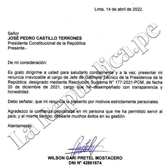 Pedro Castillo: Renuncia Wilson Pretel, jefe de gabinete de asesores de ...